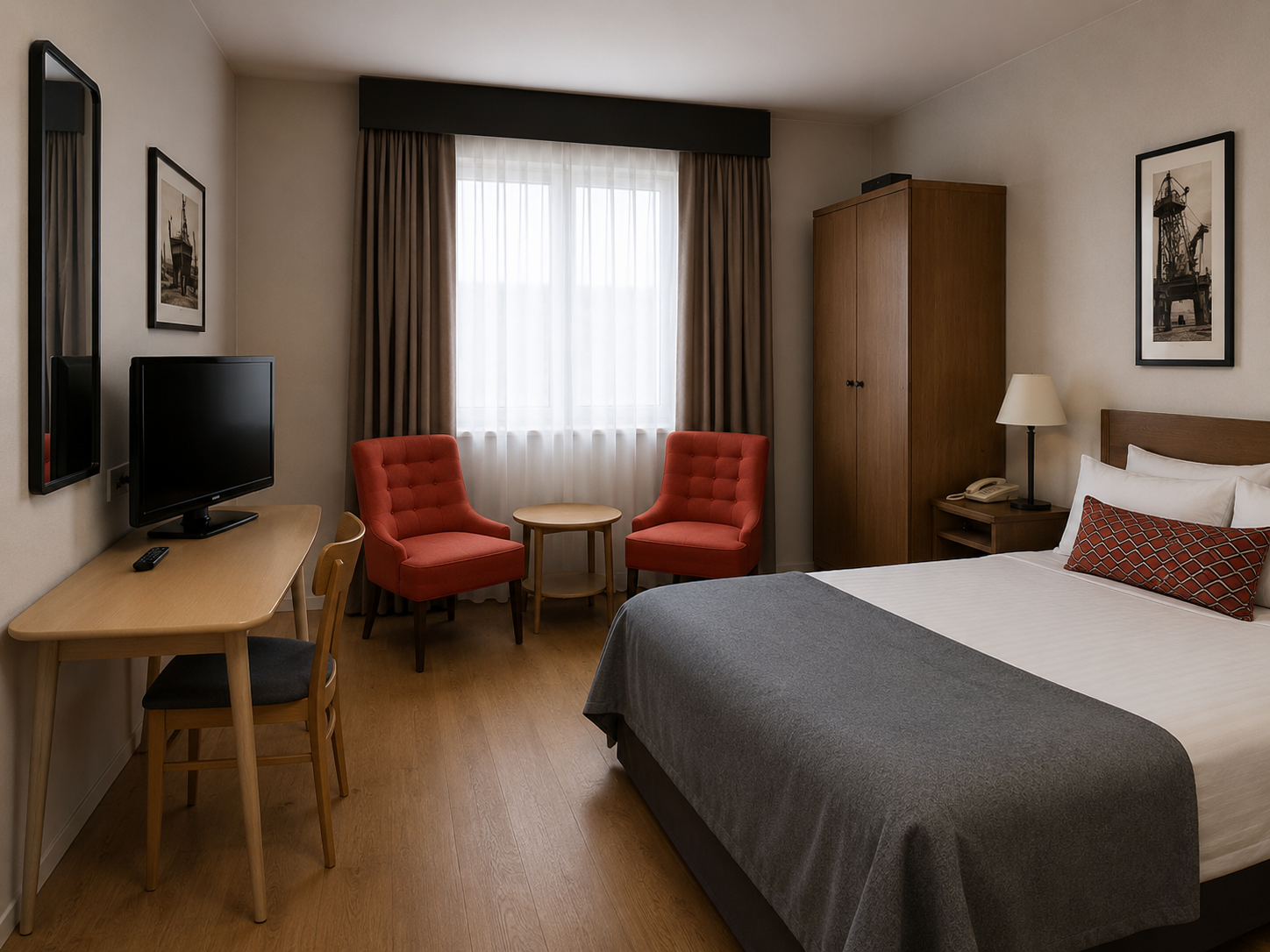 Hotellihuone kalusteuudistuksen jälkeen